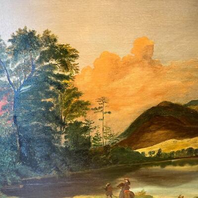 Antique Original Landscape Painting on Canvas circa 19th Century Woman on Horseback with Tracker Guide