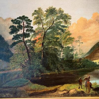 Antique Original Landscape Painting on Canvas circa 19th Century Woman on Horseback with Tracker Guide