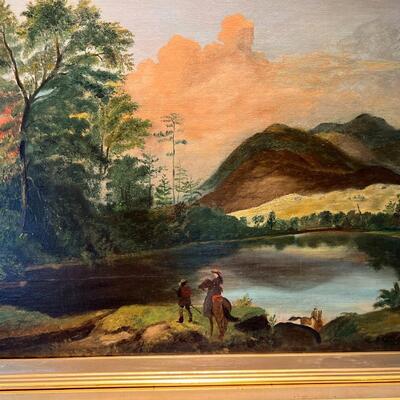 Antique Original Landscape Painting on Canvas circa 19th Century Woman on Horseback with Tracker Guide