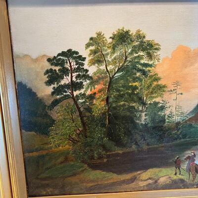 Antique Original Landscape Painting on Canvas circa 19th Century Woman on Horseback with Tracker Guide