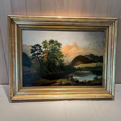 Antique Original Landscape Painting on Canvas circa 19th Century Woman on Horseback with Tracker Guide
