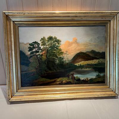 Antique Original Landscape Painting on Canvas circa 19th Century Woman on Horseback with Tracker Guide