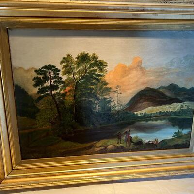Antique Original Landscape Painting on Canvas circa 19th Century Woman on Horseback with Tracker Guide