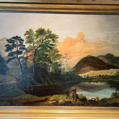 Antique Original Landscape Painting on Canvas circa 19th Century Woman on Horseback with Tracker Guide