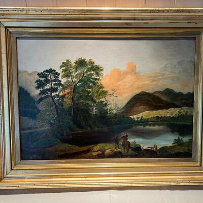 Antique Original Landscape Painting on Canvas circa 19th Century Woman on Horseback with Tracker Guide