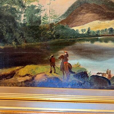 Antique Original Landscape Painting on Canvas circa 19th Century Woman on Horseback with Tracker Guide