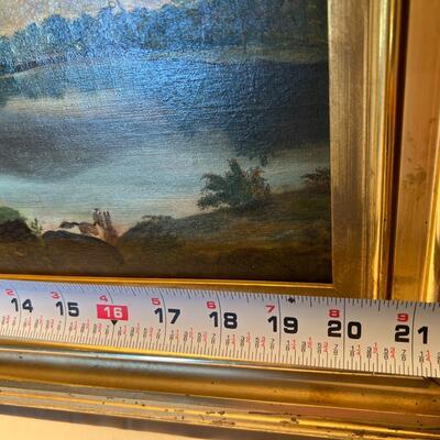 Antique Original Landscape Painting on Canvas circa 19th Century Woman on Horseback with Tracker Guide