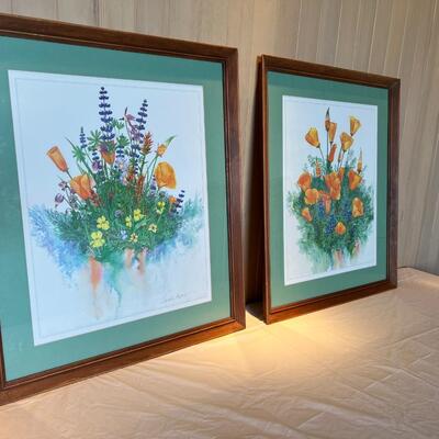 Pair of Framed Bambi Papais Poppies Floral Bouquet Signed Prints