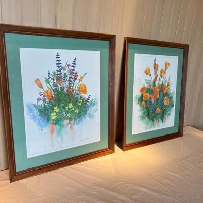 Pair of Framed Bambi Papais Poppies Floral Bouquet Signed Prints