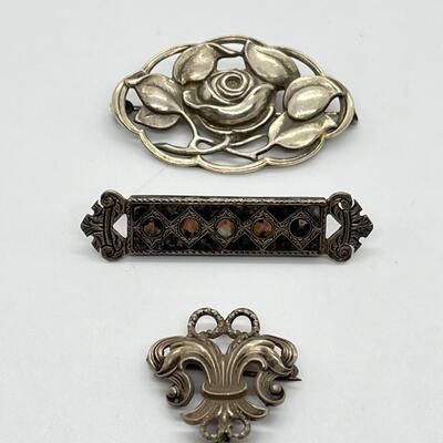 LOT 48: Sterling Silver Pins - Watch Holder, Rose Leaf Made in Germany & Antique Bar Pin Inlaid with Pink Agate