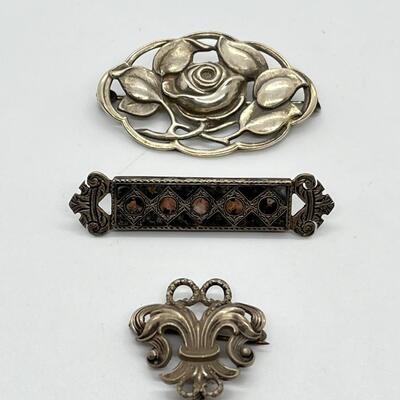 LOT 48: Sterling Silver Pins - Watch Holder, Rose Leaf Made in Germany & Antique Bar Pin Inlaid with Pink Agate