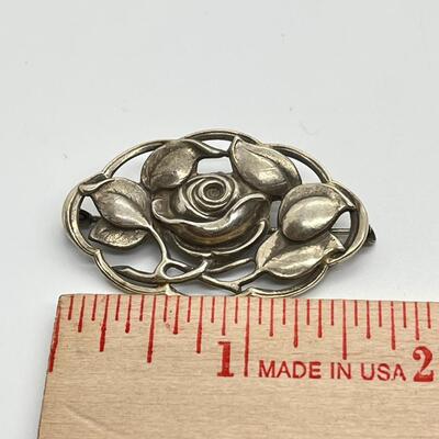 LOT 48: Sterling Silver Pins - Watch Holder, Rose Leaf Made in Germany & Antique Bar Pin Inlaid with Pink Agate