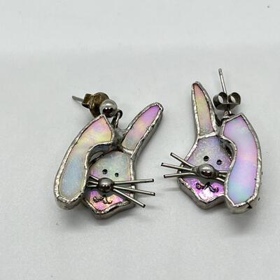LOT 50: Sterling Silver Pierced Earrings - Stained Glass Bunny Rabbits & Hoops with Removable Ball Danglers
