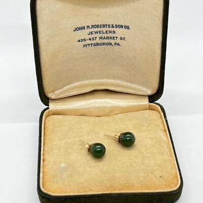 LOT 52: Pair of Jade Pierced Earrings with 14K Gold Posts