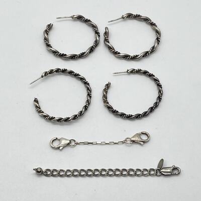 LOT 56: Two Pairs Sterling Silver Twisted Hoop Earrings and Two Sterling Necklace Extenders