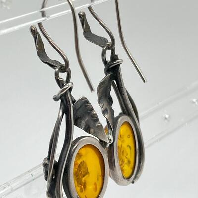 LOT 58: Artisan Handcrafted Sterling Silver and Amber Pierced Earrings