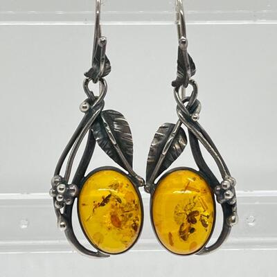 LOT 58: Artisan Handcrafted Sterling Silver and Amber Pierced Earrings