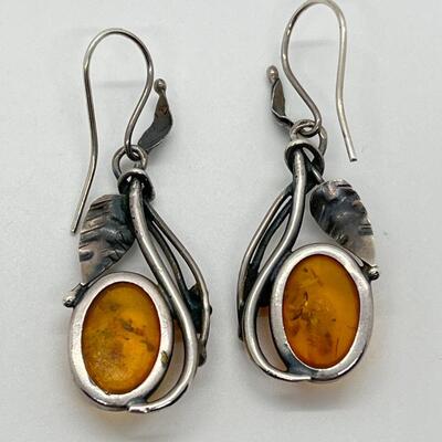 LOT 58: Artisan Handcrafted Sterling Silver and Amber Pierced Earrings