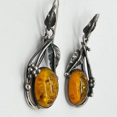 LOT 58: Artisan Handcrafted Sterling Silver and Amber Pierced Earrings