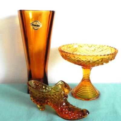 VINTAGE DESET GOLD VASE-AMBER FENTON SHOE- STEMMED CANDY DISH