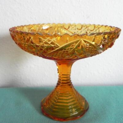 VINTAGE DESET GOLD VASE-AMBER FENTON SHOE- STEMMED CANDY DISH