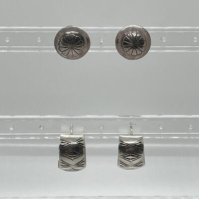 LOT 68: Two Pairs Sterling Silver Pierced Earrings - Southwestern Buttons & Hoops