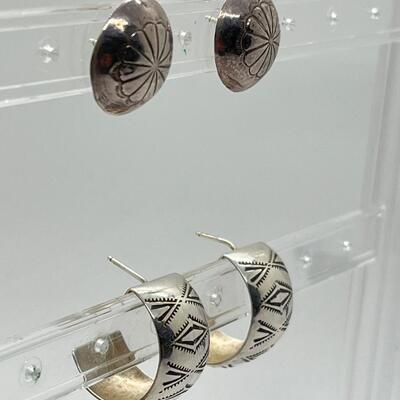 LOT 68: Two Pairs Sterling Silver Pierced Earrings - Southwestern Buttons & Hoops
