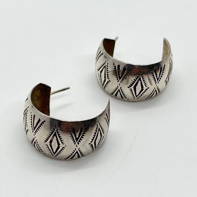 LOT 68: Two Pairs Sterling Silver Pierced Earrings - Southwestern Buttons & Hoops