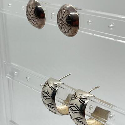 LOT 68: Two Pairs Sterling Silver Pierced Earrings - Southwestern Buttons & Hoops