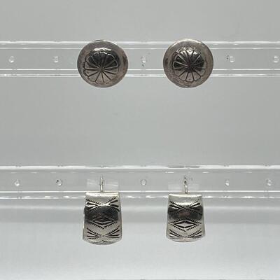LOT 68: Two Pairs Sterling Silver Pierced Earrings - Southwestern Buttons & Hoops
