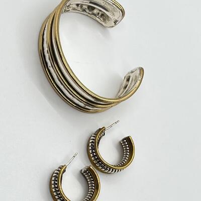 LOT 69: Sterling Silver & Goldfill Two-Tone Southwestern Cuff Bracelet and Matching Earrings - RAL (Rolf & Andrea  Ludden)