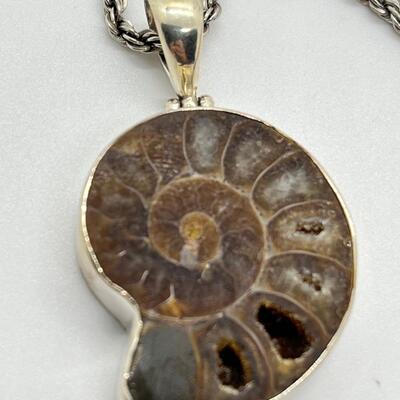 LOT 74: Sterling Silver & Possibly Raw Gemstone Pendant on 20" Sterling Rope Chain