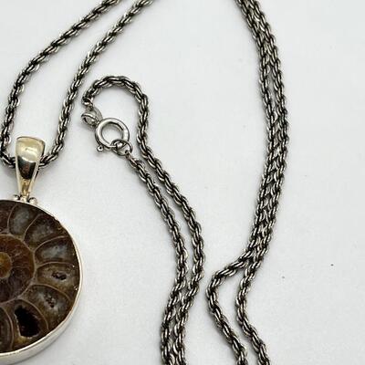 LOT 74: Sterling Silver & Possibly Raw Gemstone Pendant on 20" Sterling Rope Chain