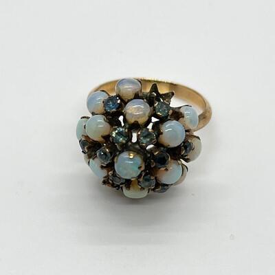 LOT 80: 10k gold Opal & Blue Topaz Size 7 Cluster Ring 4.2 grams total weight - missing one opal