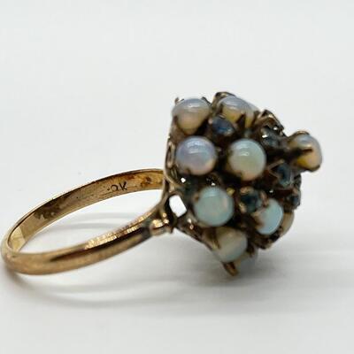 LOT 80: 10k gold Opal & Blue Topaz Size 7 Cluster Ring 4.2 grams total weight - missing one opal