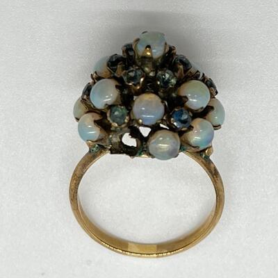 LOT 80: 10k gold Opal & Blue Topaz Size 7 Cluster Ring 4.2 grams total weight - missing one opal