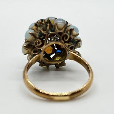 LOT 80: 10k gold Opal & Blue Topaz Size 7 Cluster Ring 4.2 grams total weight - missing one opal