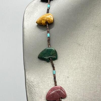 LOT 85: Artisan Natural Gemstone Bear Fetish Beaded 28" Necklace
