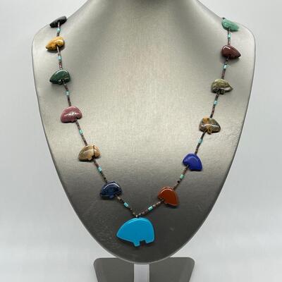 LOT 85: Artisan Natural Gemstone Bear Fetish Beaded 28" Necklace