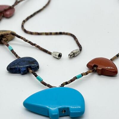 LOT 85: Artisan Natural Gemstone Bear Fetish Beaded 28" Necklace