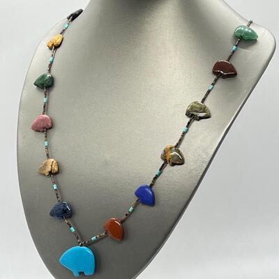 LOT 85: Artisan Natural Gemstone Bear Fetish Beaded 28" Necklace