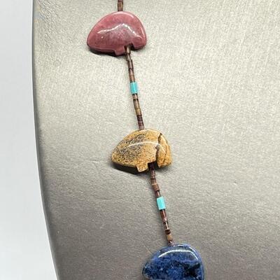 LOT 85: Artisan Natural Gemstone Bear Fetish Beaded 28" Necklace
