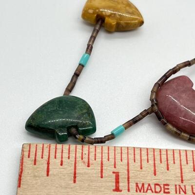 LOT 85: Artisan Natural Gemstone Bear Fetish Beaded 28" Necklace