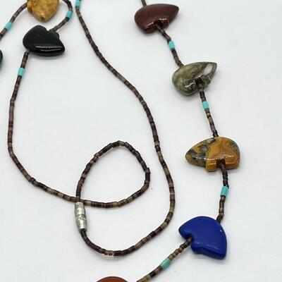 LOT 85: Artisan Natural Gemstone Bear Fetish Beaded 28" Necklace
