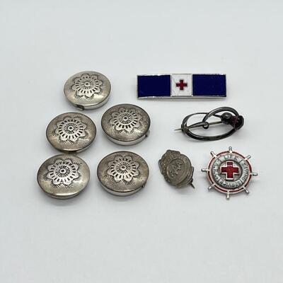 LOT 86: Etched Silver Button Covers and Miscellaneous Pins