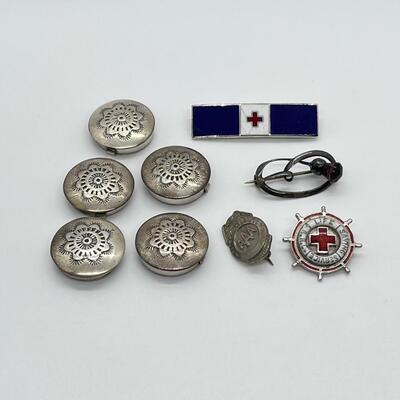 LOT 86: Etched Silver Button Covers and Miscellaneous Pins