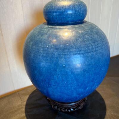 Beautiful Harry Nakamoto Blue Glazed Raku Pottery Ginger Jar Vessel with Lid
