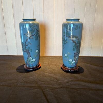 Pair of Tada Cloisonne Vases with Hawks on Tree Branches and Flowers Against Blue Skies