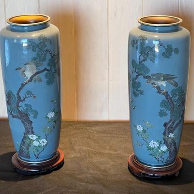 Pair of Tada Cloisonne Vases with Hawks on Tree Branches and Flowers Against Blue Skies