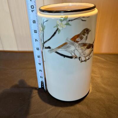 Vintage Belleek Willets Asian Vase with Painted Sparrow Birds on Cherry Blossom Branch Glazed Vase